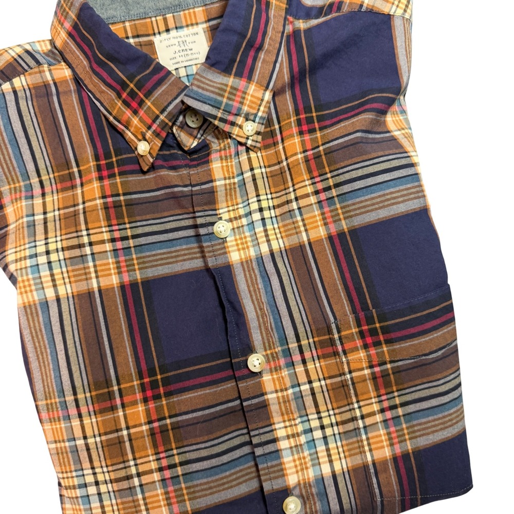 J.Crew Mens Medium Plaid Button Down Shirt 2-Ply 100%‎ Cotton Navy Orange LS